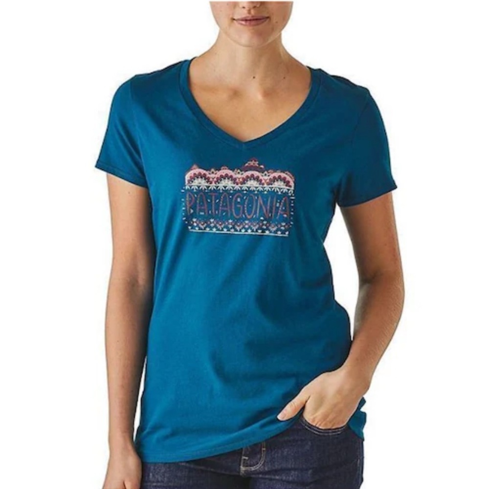 Patagonia Women's Teal Blue Femme Fitz Roy Organic Cotton V-Neck‎ T-Shirt Small
